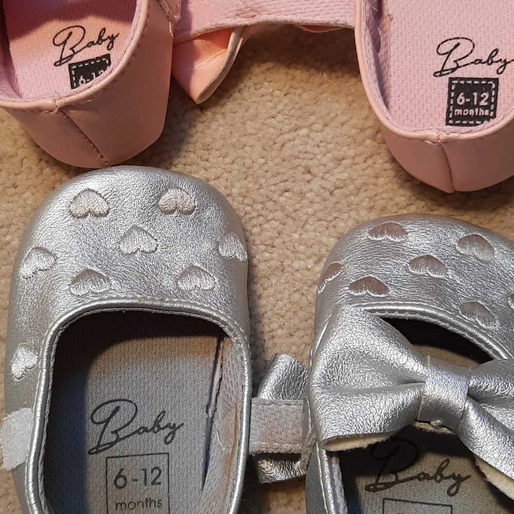 2 pair infant 6-12 months soft sole shoes by Baby in pink and silver